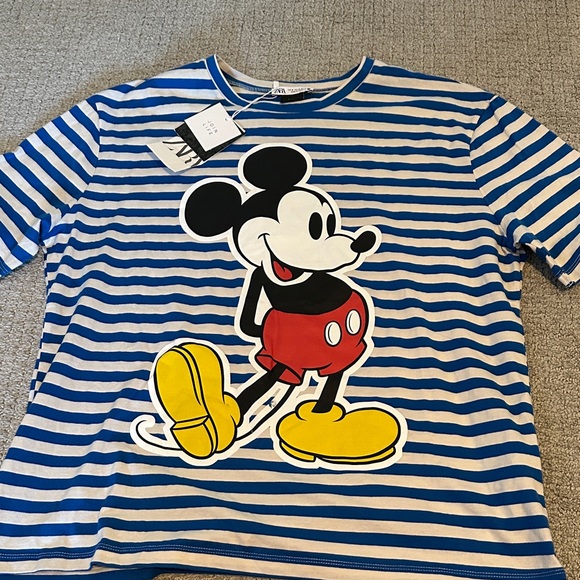 ZARA Disney Blue and White Striped Tee with Mickey Mouse - Picture 1 of 4